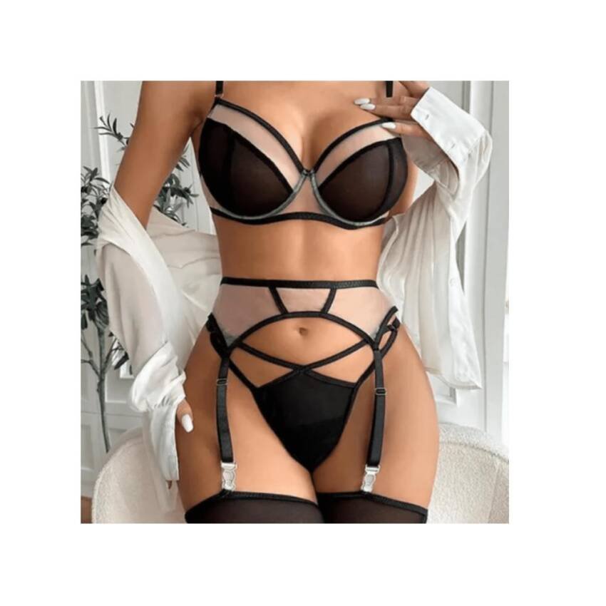 Conjunto de lencería Sexy brasier bragas liguero Erótico - Imagen 6