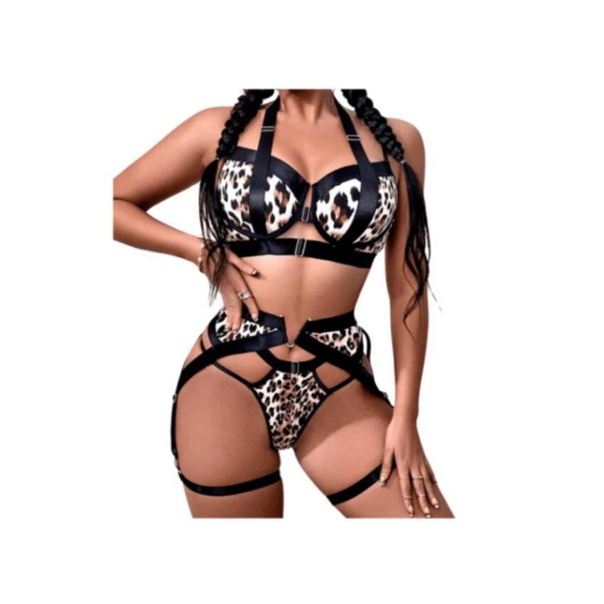 Body de encaje Sexy con Portaligas y corset Animal print - Negro/animal print - T.Unico