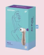 Satisfyer Pro 2 Air Pulse Stimulator en caja, diseño elegante y funciones para estimulación precisa y placentera