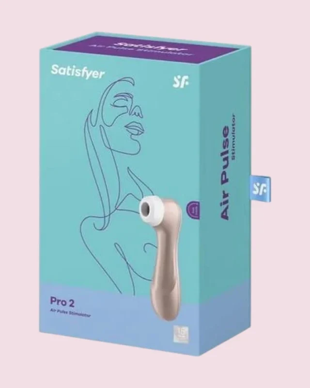 Satisfyer Pro 2 Air Pulse Stimulator en caja, diseño elegante y funciones para estimulación precisa y placentera