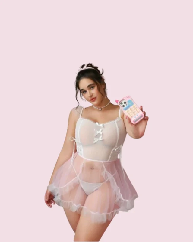 Lencería vestido corto con lazo - Set de 2 Piezas Blanco