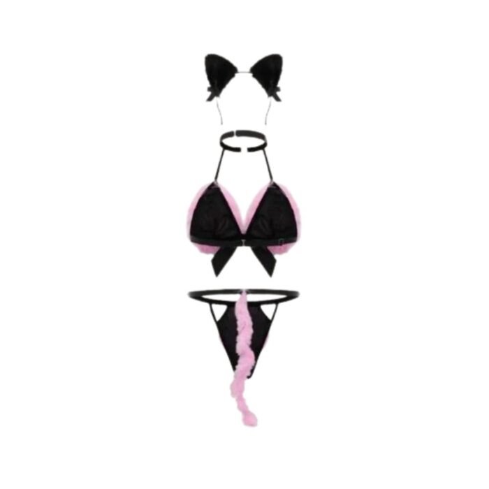 Lenceria Sexy Gatica Rosa - Con Peluzas, Orejitas y Collar - Imagen 2