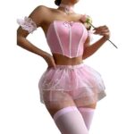 Set de lencería rosa sexy - Conjunto 8 pzs con medias y lazo