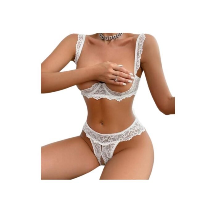 Lencería Sexy Encaje Aros 2 Piezas - Elegante Conjunto Blanco con Tanga - Imagen 2