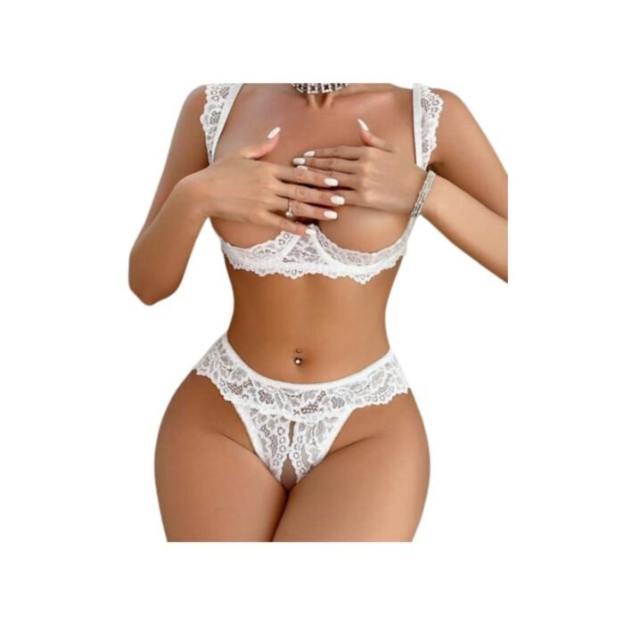 Lencería Sexy Encaje Aros 2 Piezas - Elegante Conjunto Blanco con Tanga - Imagen 3