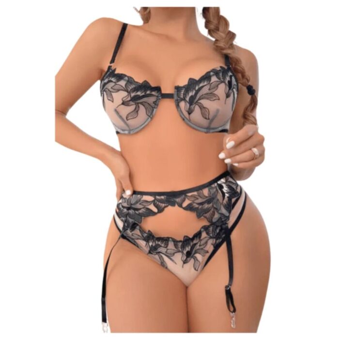 Set Lenceria Encaje Floral Negro - Elegancia y Sensualidad Atractiva - Imagen 2