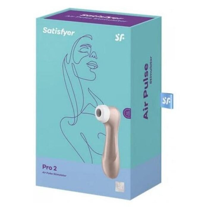 Satisfyer Pro 2 Air Pulse Stimulator en caja, diseño elegante y funciones para estimulación precisa y placentera