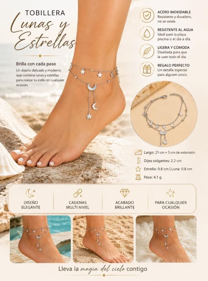 Tobillera Multicapa Luna Estrella Elegante - Diseño Versátil y Moderno - Imagen 12