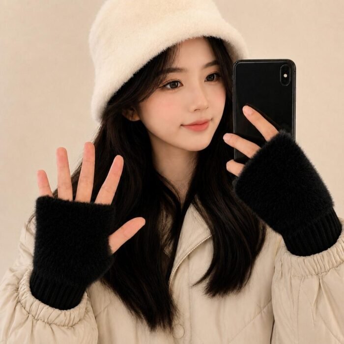 Guantes suaves  de invierno sin dedos medio dedo esponjoso - Imagen 9