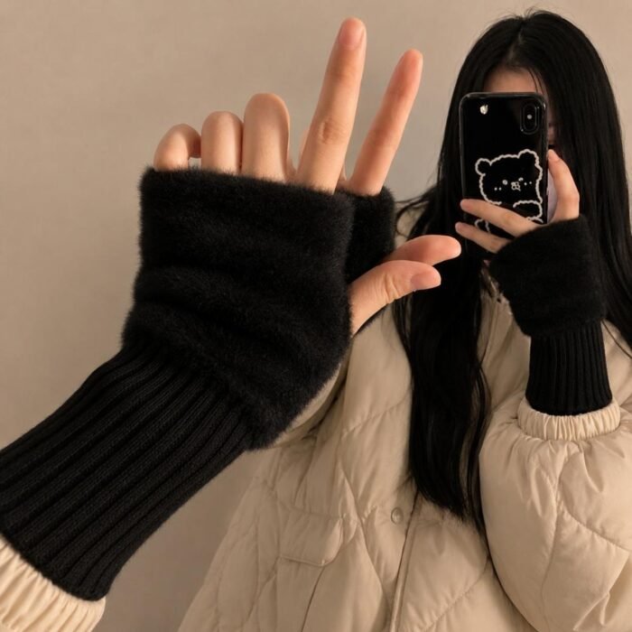 Guantes suaves  de invierno sin dedos medio dedo esponjoso - Imagen 14