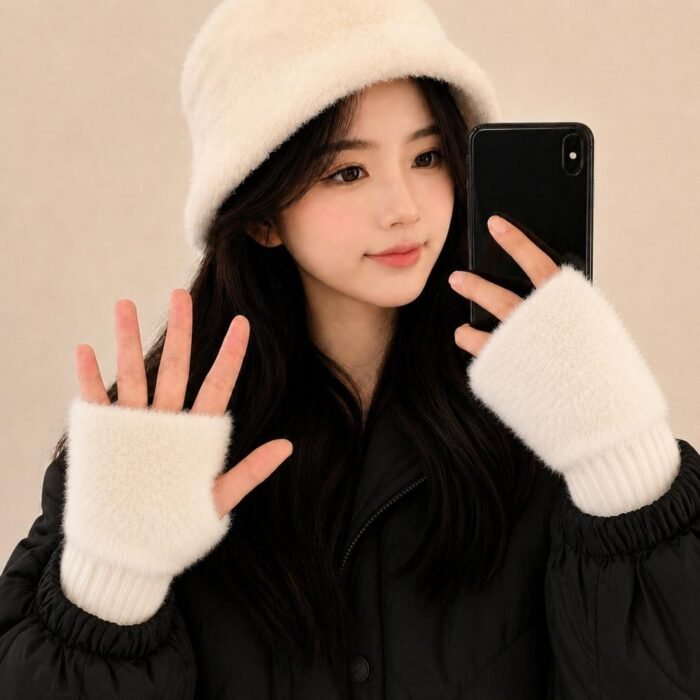 Guantes suaves  de invierno sin dedos medio dedo esponjoso - Imagen 18