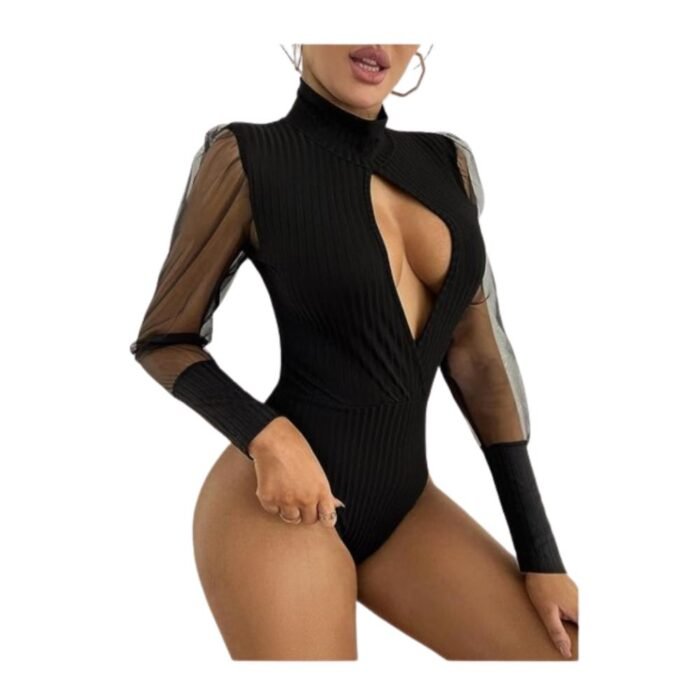 Body Enterizo sexy de manga larga con cuello alto y corte para mujer - Imagen 3